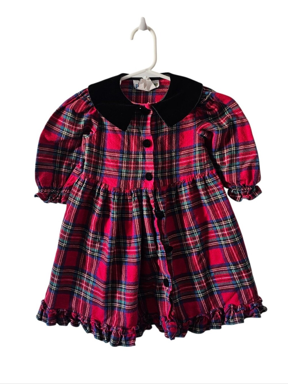 Vtg Playclothes Girls Christmas Red Plaid Dress Black Velvet Collar USA Made 2T